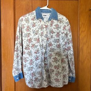 Floral Button-Up Shirt with Denim Accents